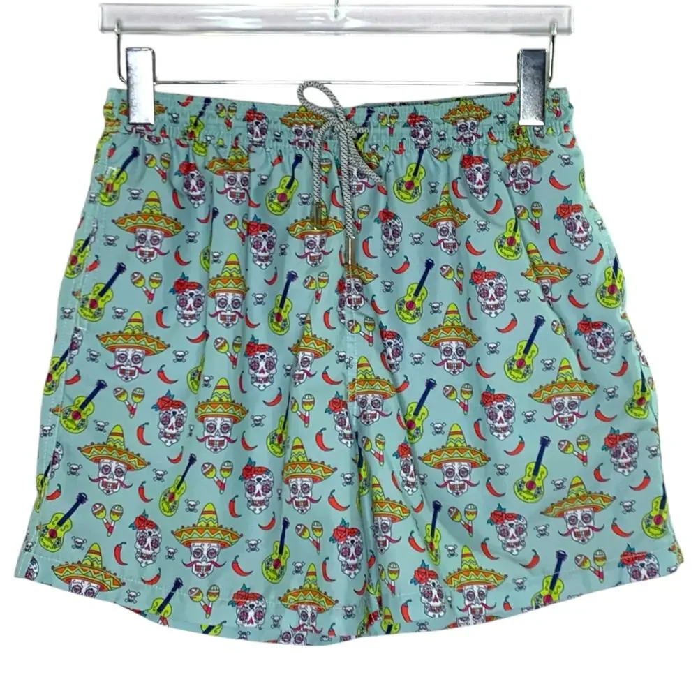 Amiani L Blue Colorful Sugar Skull Pepper Sombrero Guitar Swim Trunk Shorts